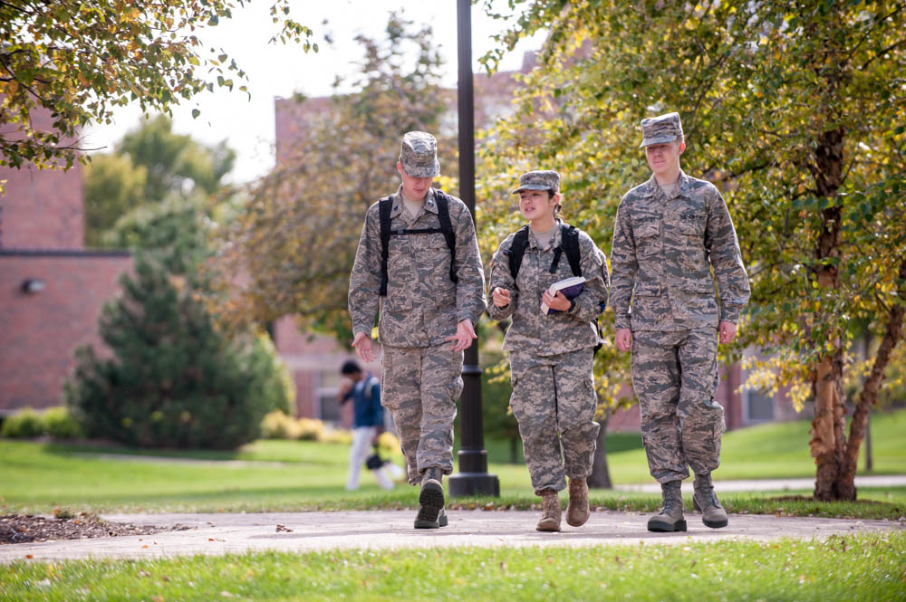 Lewis University Military/ROTC students walking on campus
